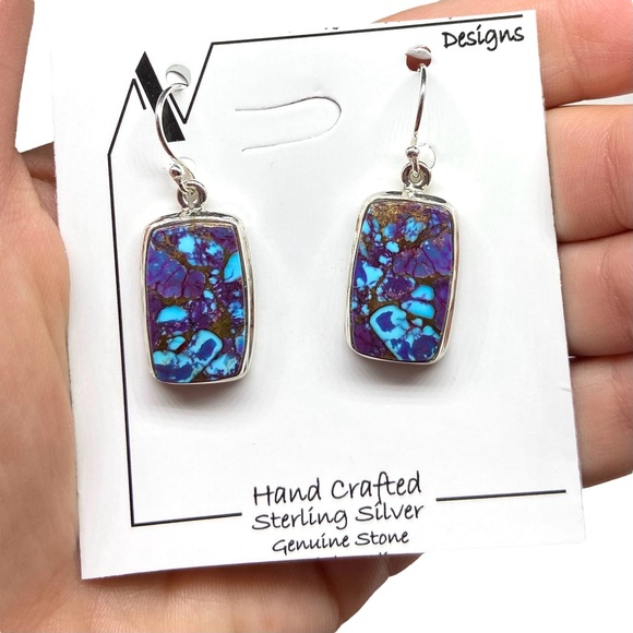 Purple Copper Kingman Turquoise Earrings Solid 925 Sterling Silver Jewelry Boho - Picture 2 of 6